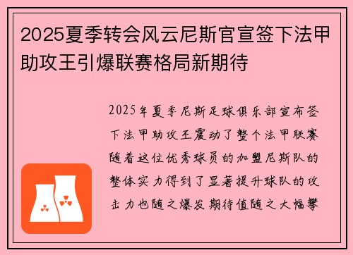 2025夏季转会风云尼斯官宣签下法甲助攻王引爆联赛格局新期待 2025夏季转会风云尼斯官宣签下法甲助攻王引爆联赛格局新期待