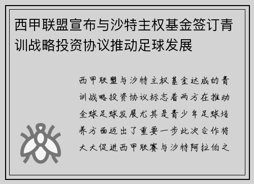 西甲联盟宣布与沙特主权基金签订青训战略投资协议推动足球发展 西甲联盟宣布与沙特主权基金签订青训战略投资协议推动足球发展
